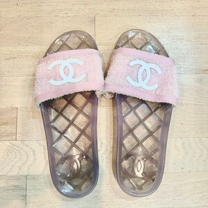 SOLD! Chanel pink terry cloth and pvc pool slides